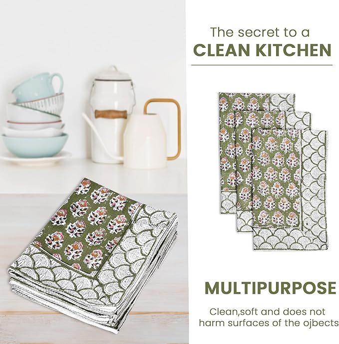 CPC Jade Green Hand Block Print Waffle Kitchen Towel Set of 3-16 x 28 Inch Ultra Absorbent Quick Dry Cotton Dish Towels Lightweight Reusable Sustainable Tea Towels for Cleaning and Drying