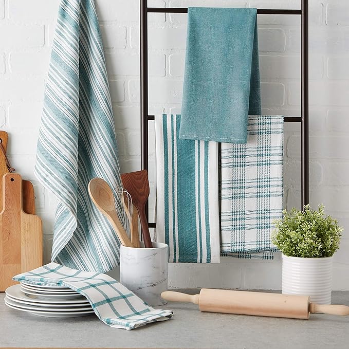 DII Assorted Woven, Kitchen Dishtowel Set, 18x28, Teal, 5 Piece