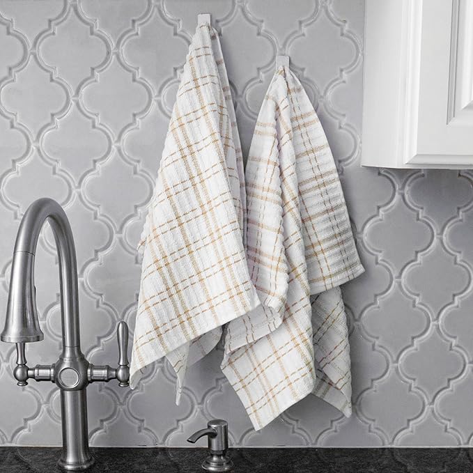 Ritz Royale Collection 100% Combed Terry Cotton, Highly Absorbent, Oversized Kitchen Towel Set, 28" x 18", 2-Pack, Checked, Straw