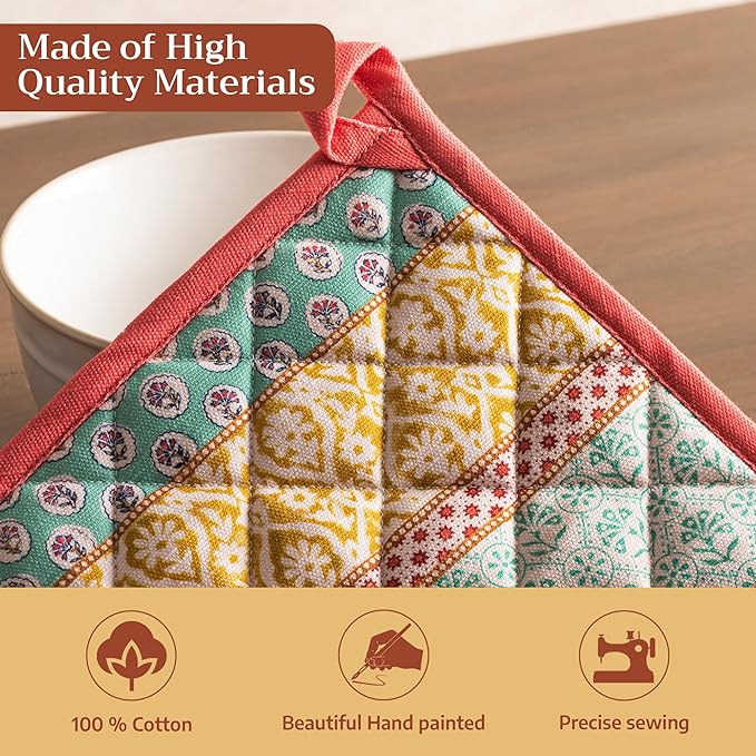 Maison d' Hermine Pot Holders 100% Cotton Heat Resistant Potholders 8" x 8" Hot Pads with Loop BBQ Cooking Baking Gifts for Mothers Day Handling Hot Pans Spring/Summer (Pack of 1, Provence)