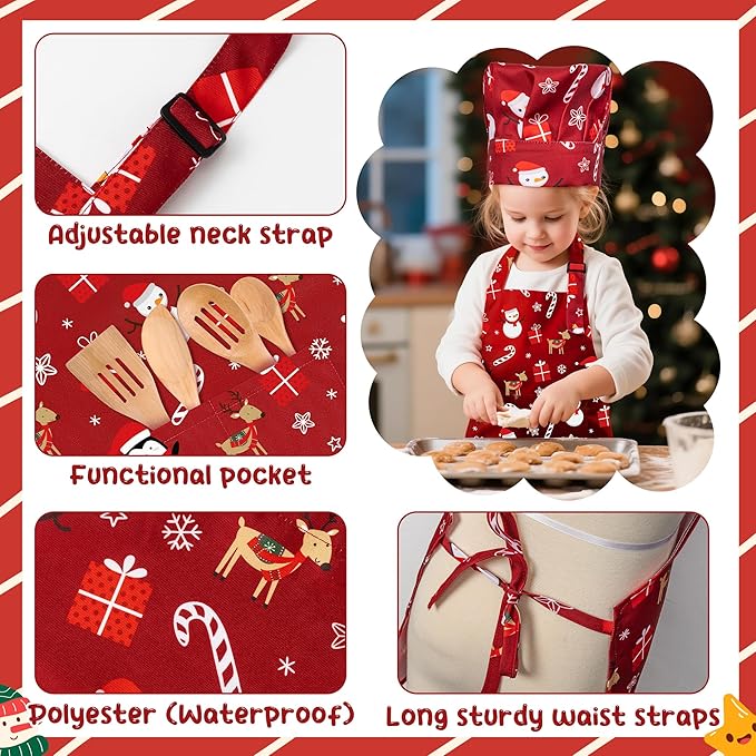 4Pcs Christmas Kids Apron and Chef Hat Set Gift for Child, Snowman Christmas Tree Candy Cane Pattern Adjustable Kitchen Aprons with 2 Pockets Waterproof Smock Hats for Baking Cooking Painting Training