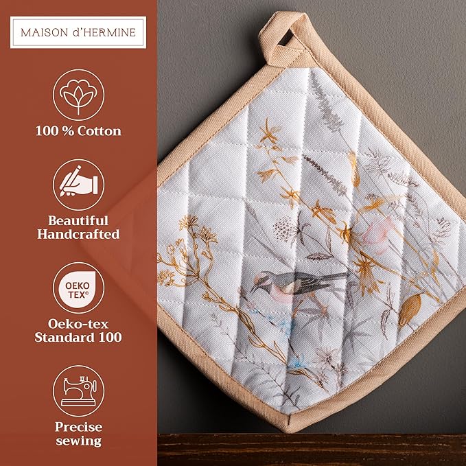 Maison d' Hermine Pot Holders 100% Cotton Heat Resistant Potholders 8" x 8" Hot Pads with Loop Baking Gifts for Mothers Day Handling Hot Pans Spring/Summer (Pack of 2, Meadow Florals - Beige)