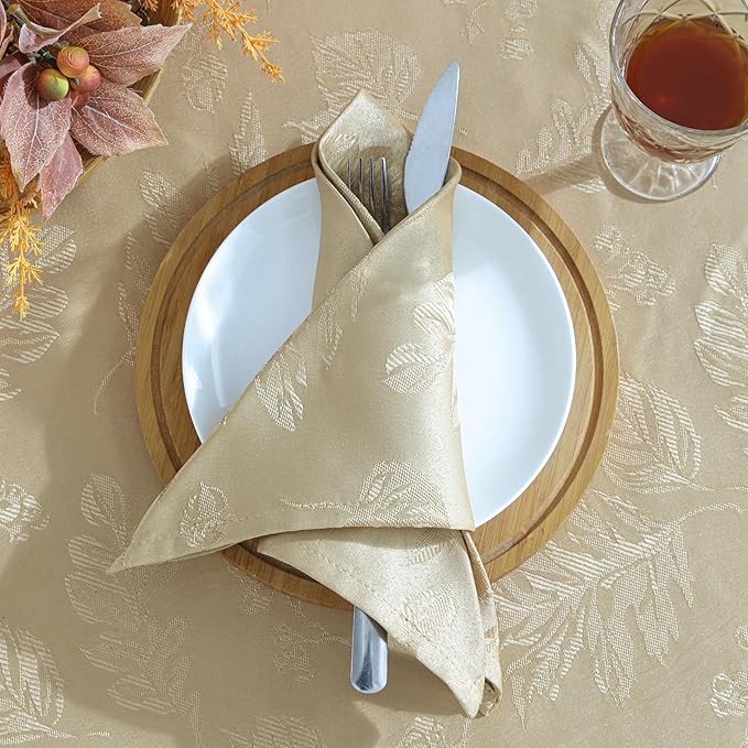 Elrene Home Fashions Elegant Woven Leaves Jacquard Damask Cloth Napkin Set, 17" x 17", Pack of 8, Taupe