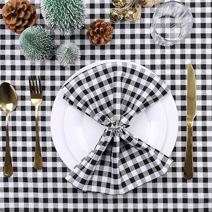 Black and White Checkered Napkins Set of 6, 18 x 18 Inches Buffalo Plaid Cloth Napkins, Halloween Washable Reusable Gingham Cloth Table Dinner Napkins for Wedding, Parties, Dinner Celebration