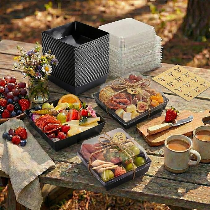 Leafiew 50 Pack Small Charcuterie Boxes with Clear Lids - To Go Paper Mini Charcuterie Box, Disposable Food Containers, 5Inch Dessert Boxes - Sandwich, Cookie, Sushi, Cake Slice, Strawberries (Black)