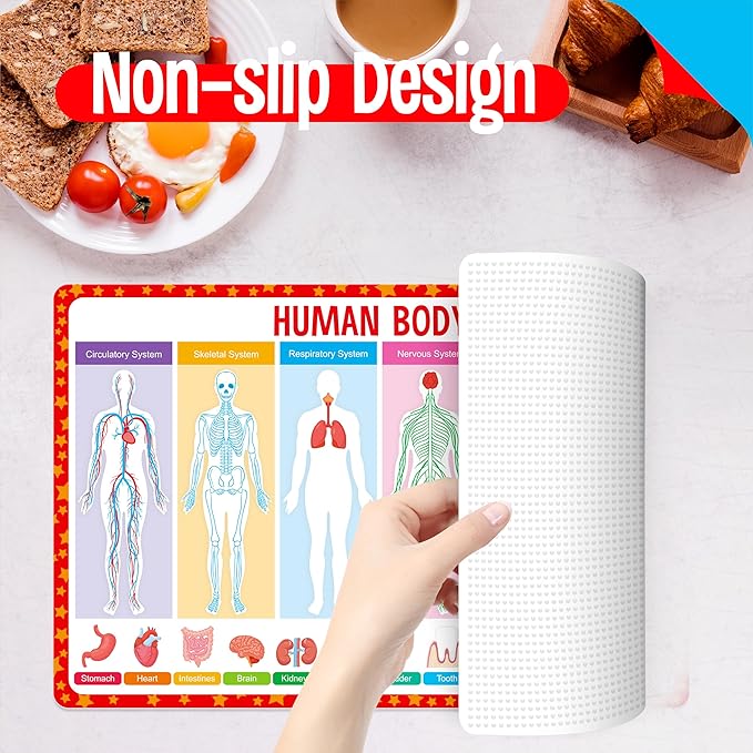 6 Pack Placemats for Kids, Non-Slip Washable, Reusable Universe, Periodic Table, US President, Human Body, Map of USA & World Educational Placemats for Home, Kindergarten, Classroom, Nursery
