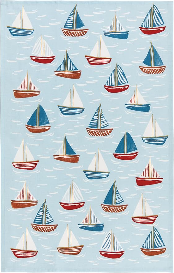 Now Designs Windward Collection Cotton Dishtowel, Nautical Red/White/Blue, 18x28in, Sea Breeze & Sailboat Print