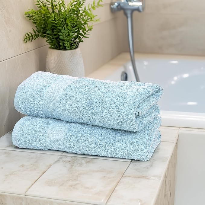 Commercial Bulk Pack of 12 Large Bath Towels – 100% Cotton Terry 24" x 50" – Ideal for Hotels, Salons, Gyms, Spas & Institutional Use – Sky Blue