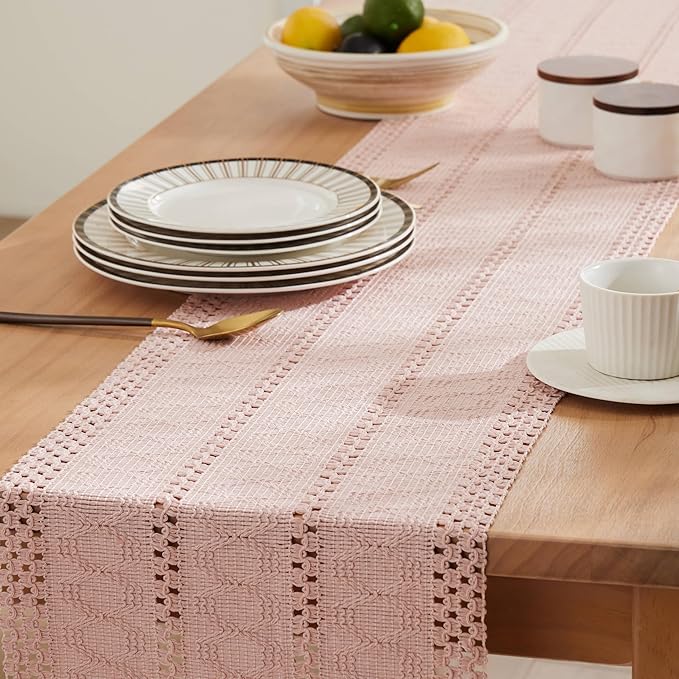 ZeeMart Macrame Style Boho Table Runner, Pink Table Runners 48 Inches Long, Farmhouse Woven Home Decor, 12x48 Inch, Light Pink