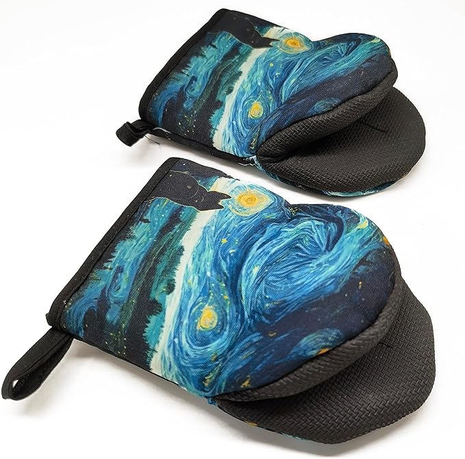 Black Cat Starry Night Oven Mitts, High Heat Resistant Kitchen Oven Gloves, Mini Silicone Oven Mitts, Non-Slip Grip Surfaces and Hanging Loop for Grilling, Baking, Cooking and Microwave, Gift