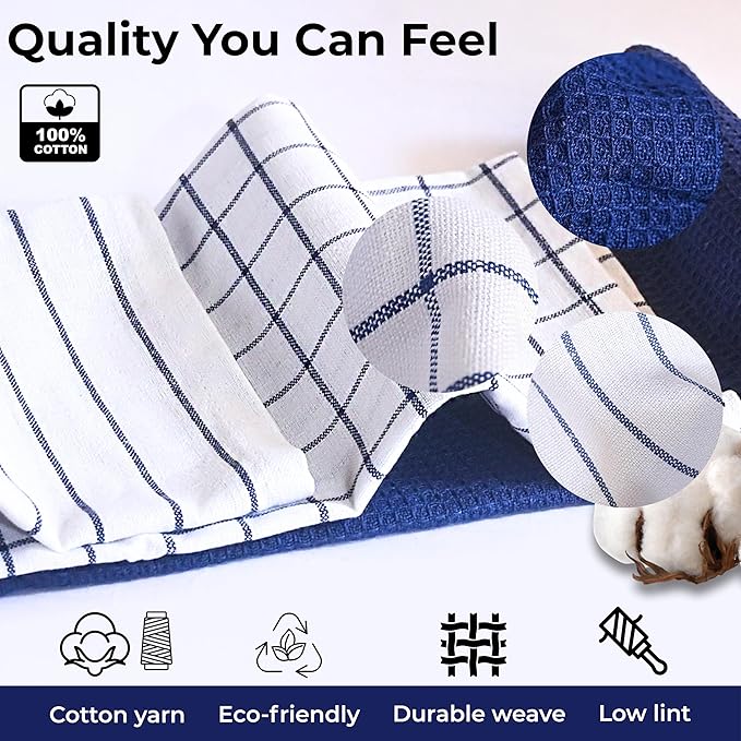 Cotton Dish Towels For Kitchen Drying - Highly Absorbent Wide Navy Blue Striped Plaid Tea Towels - 18"X28" Set Of 6 Farmhouse Linen Dishtowels In Bulk - Pano De Prato Para Cozinha - T Towles Towls