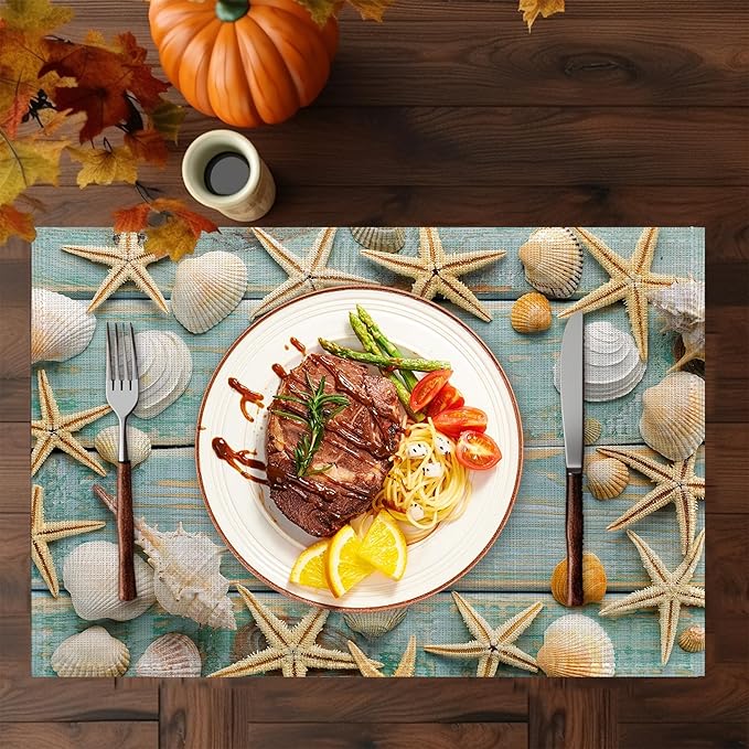 Beach Starfish Placemats Set of 6,Washable Heat Resistant 12×18 Inch Linen Table Mats Coastal Place Mats for Party Outdoor Dining Décor