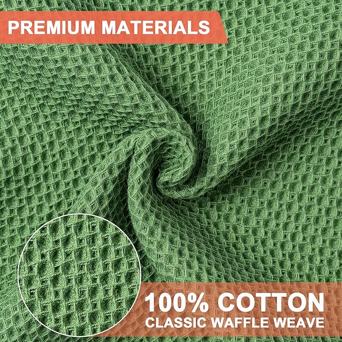 BOOMIBOO 6-Pack Kitchen Dish Cloths, 100% Cotton Waffle Weave, Ultra Soft Absorbent, Quick Drying Dish Towels, 12x12 Inches,Grass Green