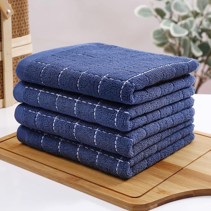 Homaxy 100% Cotton Terry Kitchen Towels(Navy Blue, 13 x 28 inches), Checkered Designed, Soft and Super Absorbent Dish Towels, 24 Pack