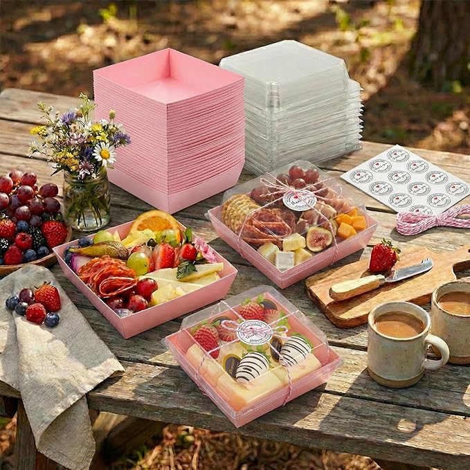 Leafiew 50 Pack Small Clear Treat Boxes - Dessert Boxes To Go - 5Inch Disposable Paper Mini Containers for Cookie, Cake Slice, Charcuterie, Bakery, Pastry, Strawberry, Baked Goods Packaging (Pink)