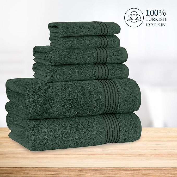 Mocassi Luxury 100% Turkish Cotton 6-Piece Towel Set - Ultra Soft, Quick Dry Highly Absorbent Premium Spa Hotel Quality Bath Towels,Includes 2 Bath Towels, 2 Hand Towels and 2 Washcloths, Hunter Green