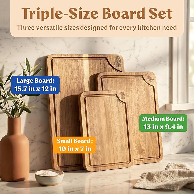 EDELHAUS Cutting Boards for Kitchen (Set of 3) Beeswax Finished Acacia Wood Cutting Board, Mineral Oil Free Wooden Cutting Boards non Toxic with Juice Groove, Non-Slip Feet, Charcuterie Boards