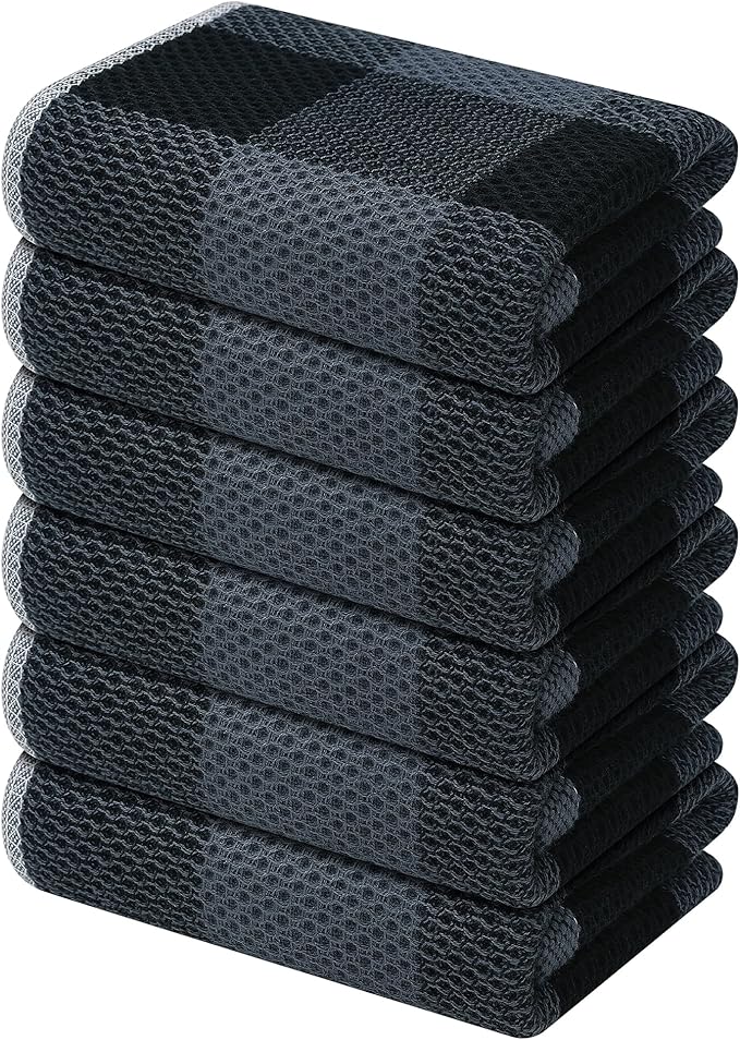 Mordimy 100% Cotton Waffle Weave Kitchen Towels, 13 x 28 Inches, Super Soft and Absorbent Buffalo Check Dish Towels for Drying Dishes, 6-Pack, Black & Grey