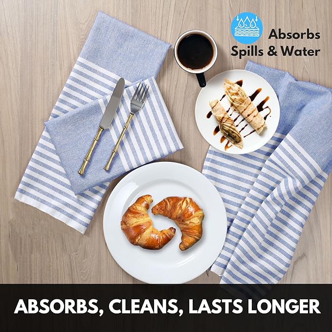 Cloth Napkins 18x18 Inches - Striped Design, 100% Cotton, Reusable & Durable Fabric Napkins for Dining, Everyday Meals, Events, Parties - Machine Washable, Set of 4, Indigo Blue