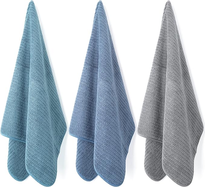 POLYTE Premium Microfiber All-Purpose Ribbed Terry Kitchen Towel, 12 Pack (Blue, Gray, Teal, 16x28 in)