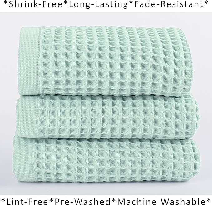 PÜSKÜL Natural 100% Turkish Cotton Waffle Kitchen Towels Set of 3 | Oeko-Tex, Premium Waffle Hand Towels for Bathroom | Soft Absorbent Quick-Dry Lint-Free Dish Towel Large 32x16 inch (3, Ice Green)