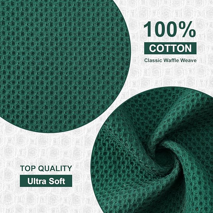 Kitinjoy 100% Cotton Kitchen Dish Cloths (12 X 12 Inches, Dark Green), 6 Pack Waffle Weave Ultra Soft Absorbent Dish Towels for Drying Dishes Quick Drying Kitchen Towels Dish Rags