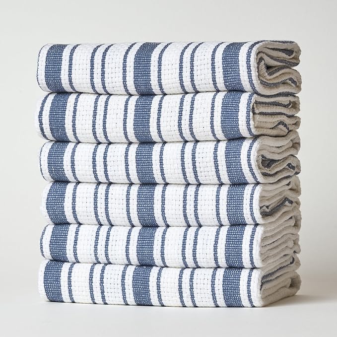 Kitchen Towels Set – Pack of 6 (20’’ x 30’’) Extra Large Premium Cotton Dish Towels for Kitchen – Basket Weave Towels – Absorbent – 100% Cotton – with Hanging Loop – Blue Grey