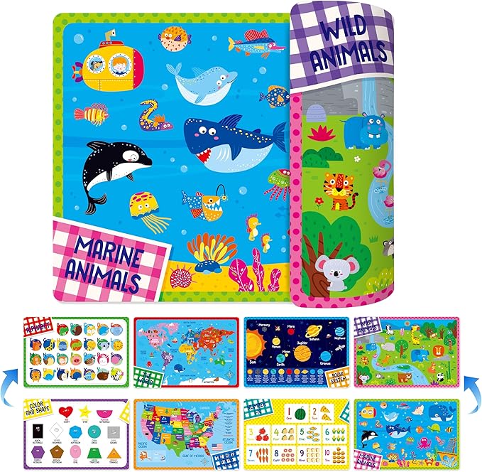 4 Pack Placemats for Kids, Non-Slip Washable Table Mats, Double-Sided Reusable Universe, Alphabet, Numbers, Map of USA & World Educational Placemats for Home, Kindergarten, Classroom, Nursery