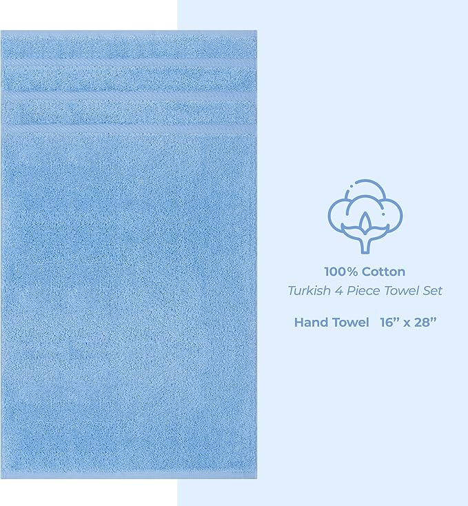American Soft Linen Luxury Hand Towels for Bathroom, 600 GSM Heawy Weight 16x28 Size 100% Cotton Turkish 4 Piece Hand Face Towel Set, Sky Blue Hand Towels
