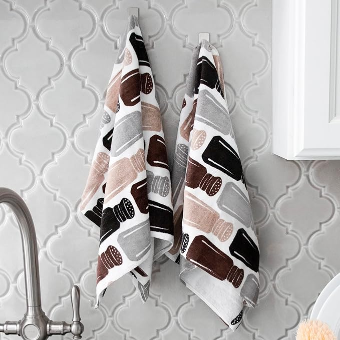 T-Fal Fiber Reactive Print Kitchen Towels: Highly Absorbent, Super Soft - 100% Cotton, 16"x28" Dish Towels for Cleaning & Drying Dishes, Pans, Glassware, or Countertops, 2-Pack, Salt & Pepper