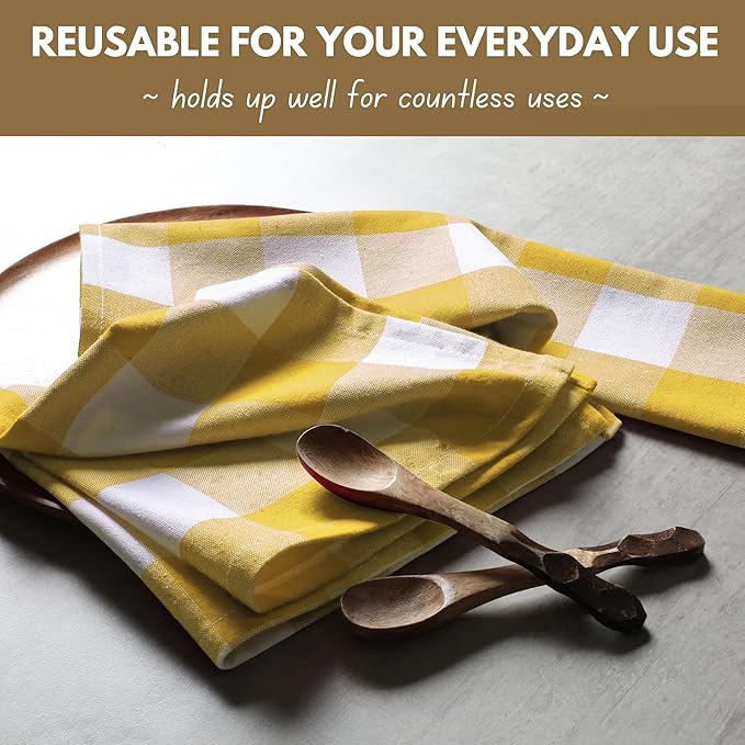 Native Fab Set of 4 Buffalo Plaid Cloth Dinner Napkins - 100% Cotton - 16x16 inches, Soft, Absorbent, Restaurant Hotel Quality - Easy Care, Washable, Everyday Use - Lemon Yellow