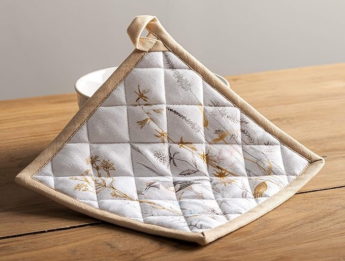 Maison d' Hermine Pot Holders 100% Cotton Heat Resistant Potholders 8" x 8" Hot Pads with Loop Baking Gifts for Mothers Day Handling Hot Pans Spring/Summer (Pack of 2, Meadow Florals - Beige)