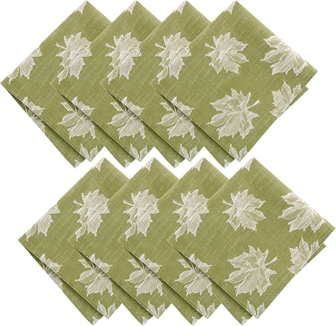 Elrene Home Fashions Falling Leaves Jacquard Cotton Dinner Napkins, Set of 8, 17"x17", Green