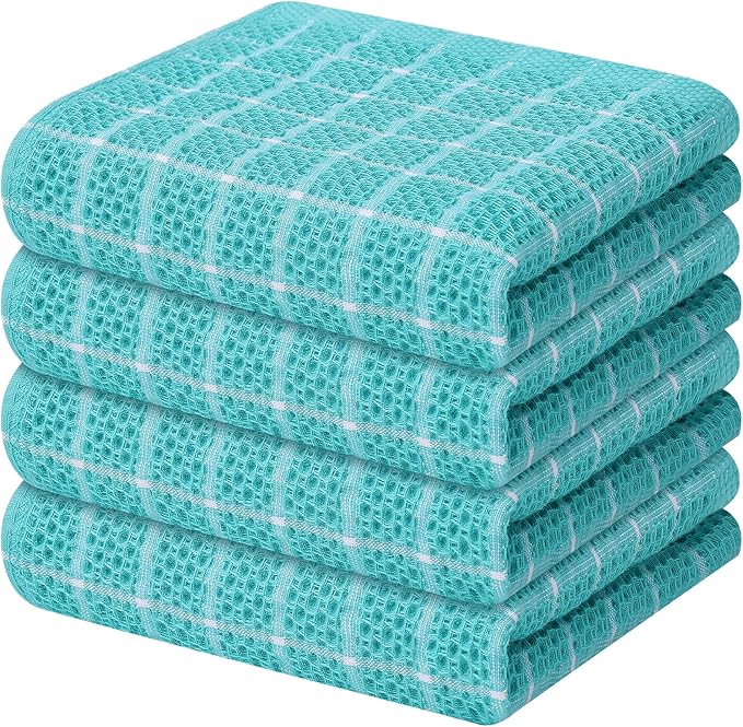 Homaxy 100% Cotton Kitchen Towels 4 Pack-15 X 25 Inches, Check Design Waffle Weave Hand Tea Towels, Super Soft and Absorbent Dish Towel for Drying Dishes, Aqua