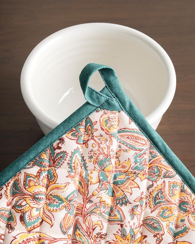 Maison d' Hermine Pot Holders Set 100% Cotton Heat Resistant Potholders 8" x 8" Hot Pads with Loop for Thanksgiving Christmas Decorations BBQ Cooking Baking Handling Hot Pans (Pack of 2, Nila)