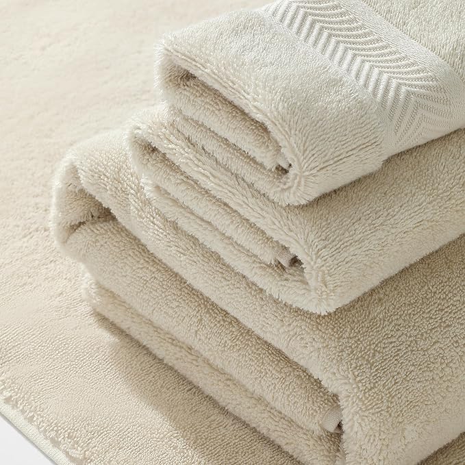Simple&Opulence Premium 100% Cotton Towel Set - 6 Piece Soft Absorbent Set for Bathroom, Hotel and Spa - 2 Bath Towels 28"x55", 2 Hand Towels 16"x28" & 2 Washcloths 12"x12" (Ivory)