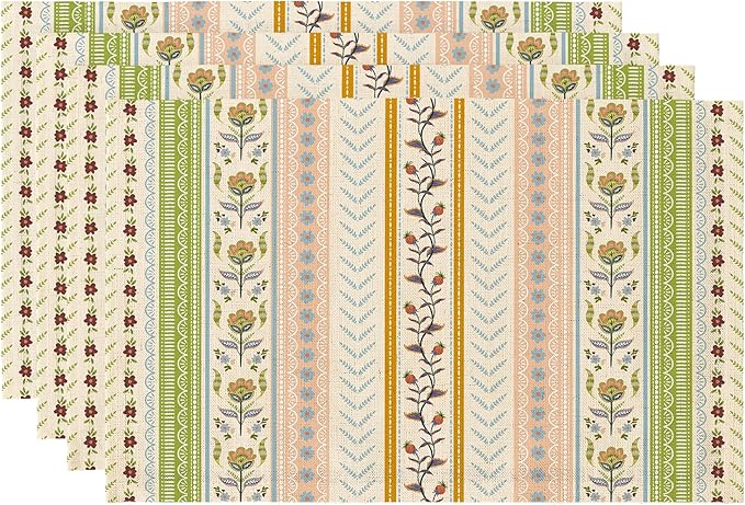 LilyCat Linen Fabric Multicolor Floral Placemats, Stripes Durable Boho Dining Table Mats for Kitchen, Rustic Vintage Washable Place Mats Set of 4, 18’’× 12’’