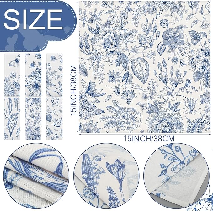 VitalCozy Cloth Napkins-15 x 15 Inch Soft Fabric Napkins Bulk Cloth Washable Reusable Plants Floral Square Napkin Cotton Dinner Towel for Spring Tea Party(Blue White Flower,24 Pcs)