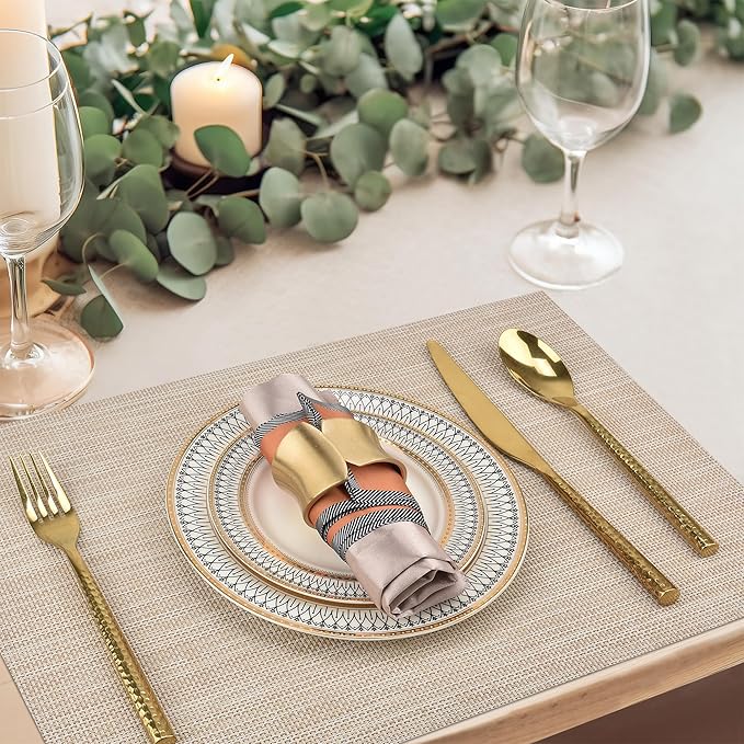 SLKQG Beige Placemats Set of 8 - Easy Clean Washable Vinyl Placemats - Wipeable Heat Resistant Table Mats for Dining Table - 17.7x11.8 Inch (8, Beige)