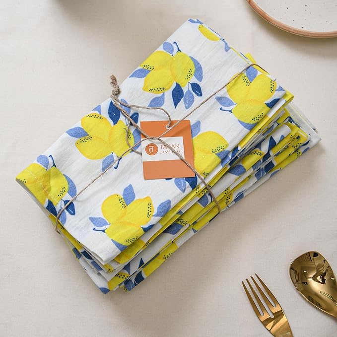 TARAN LIVING Printed Cotton Cloth Napkins Reusable Fall Dinner Napkin Set of 12 Reusable Machine Washable Fabric Best for Gift, House Party, Craft, Home Decor - Pack of 12, Lemon Print - 18x18 Inch