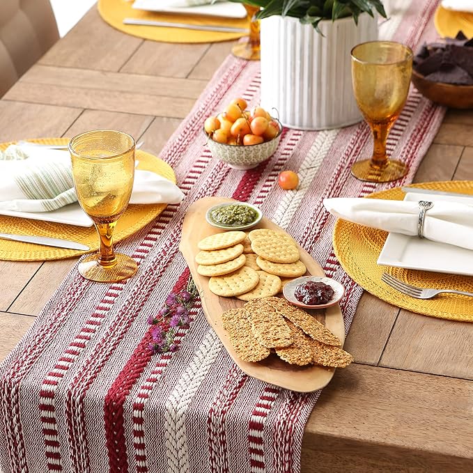 DII Farmhouse Braided Stripe Table Runner Collection, 15x108 (15x113, Fringe Included), Barn Red