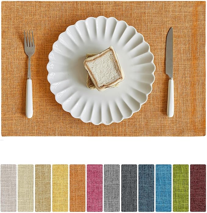Softalker Faux Linen Placemats Set of 6-12 x 18 Inch, Heat Resistant Double Layered Durable Burlap Farmhouse Place Mats, Non-Slip Washable Rustic Table Mats for Dining, Kitchen, Party（Orange