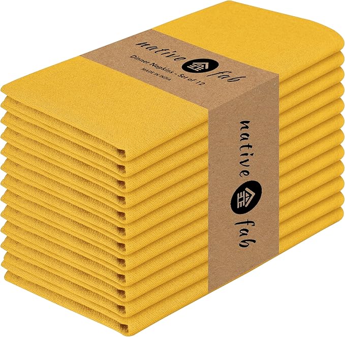 Native Fab Cloth Napkin Set of 12, 100% Cotton, Washable, Reusable Dinner Cloth Napkins 17x17 inches, Table Linen Decor for Dinner, Celebrations, Wedding, Events, Mustard Yellow