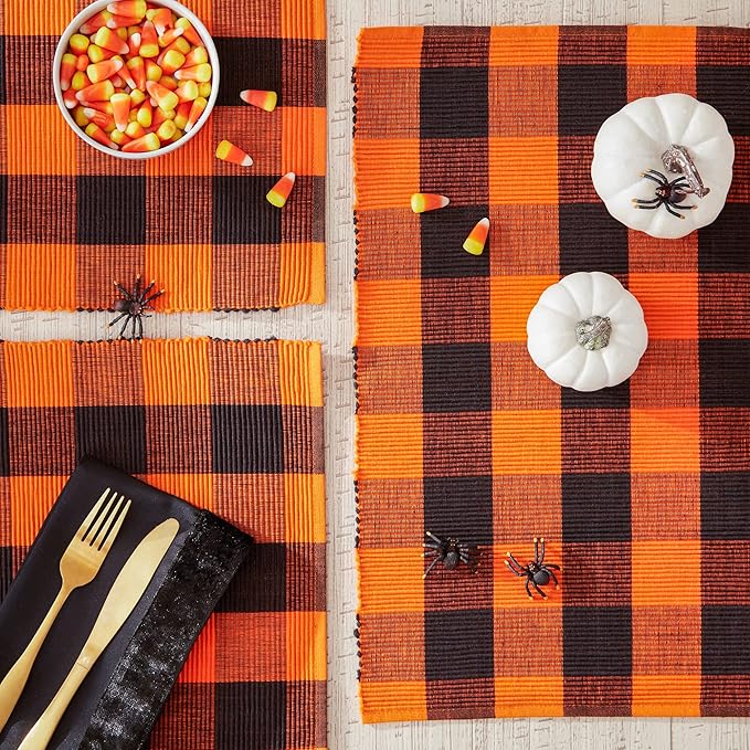DII Buffalo Check Collection, Classic Farmhouse Tabletop Set, Placemat Set, 13x19, Orange & Black, 6 Piece