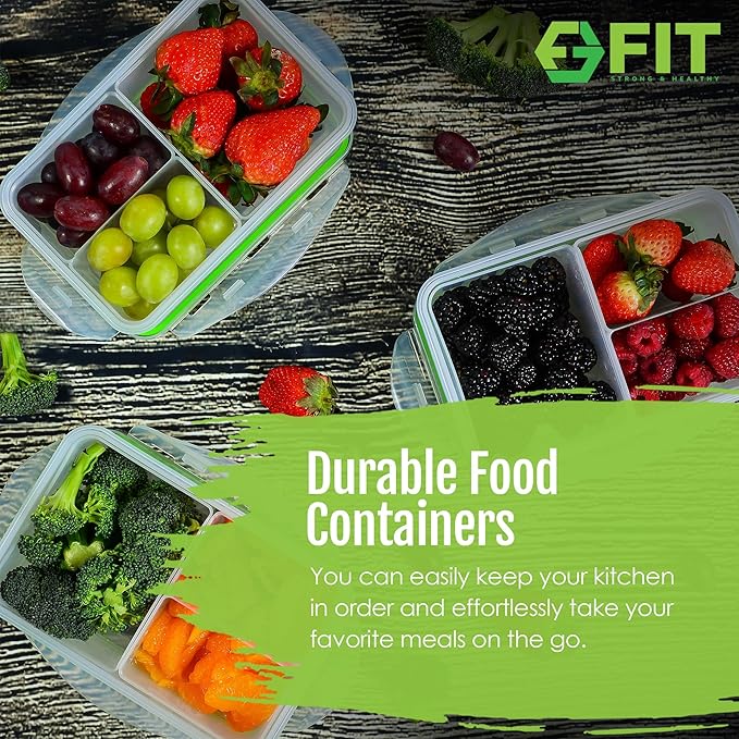 FIT Strong & Healthy Bento Lunch Box & Meal Prep Containers, Food & Snack Storage for Adults & Kids, Microwave, Freezer, & Dishwasher Safe, Reusable, Airtight Lid, Removable Compartments, 39oz, 6 Pack