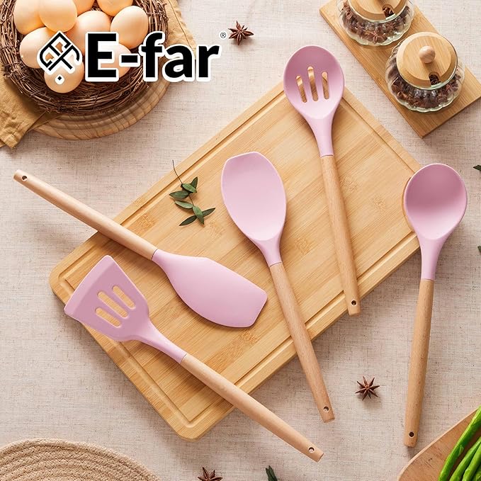 E-far Silicone Cooking Utensils Set, 5-Piece Kitchen Utensils Set with Wooden Handle for Cooking, Silicone Kitchen Nonstick Tools Spatula Turner Slotted Spoons, Nontoxic & Heat Resistant-Pink
