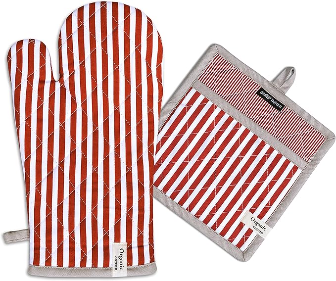 AMOUR INFINI Striped Pot Holders and Oven Mitts Heat Resistant Non Slip Reusable Set of 1 Oven Mitt and 1 Pot Holder Oven Gloves Pot Holder for Cooking (Rust)