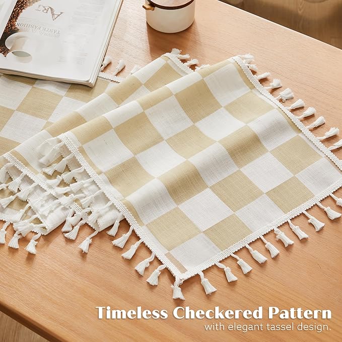 Ohocut Beige Checkered Table Runner with Tassel Farmhouse Rustic Vintage Aesthetic Cute Retro Cotton Linen Table Runner 72 Long for Dinning Race Party Decoration 13''x72''