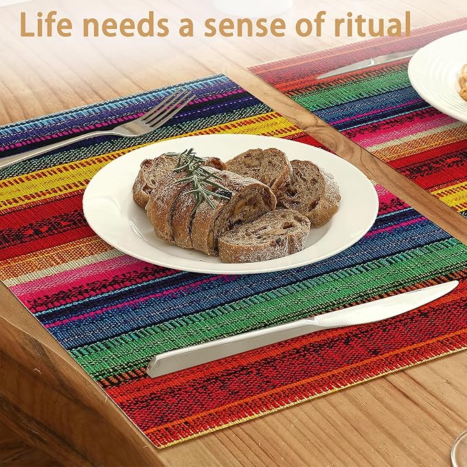 Mexican Placemats Set of 6,Ethnic Stripes Rainbow Table Mates Non-Slip Heat Resistant Washable Linen Place Mats for Party Kitchen Dining Decoration Indoor Outdoor 12"x18"