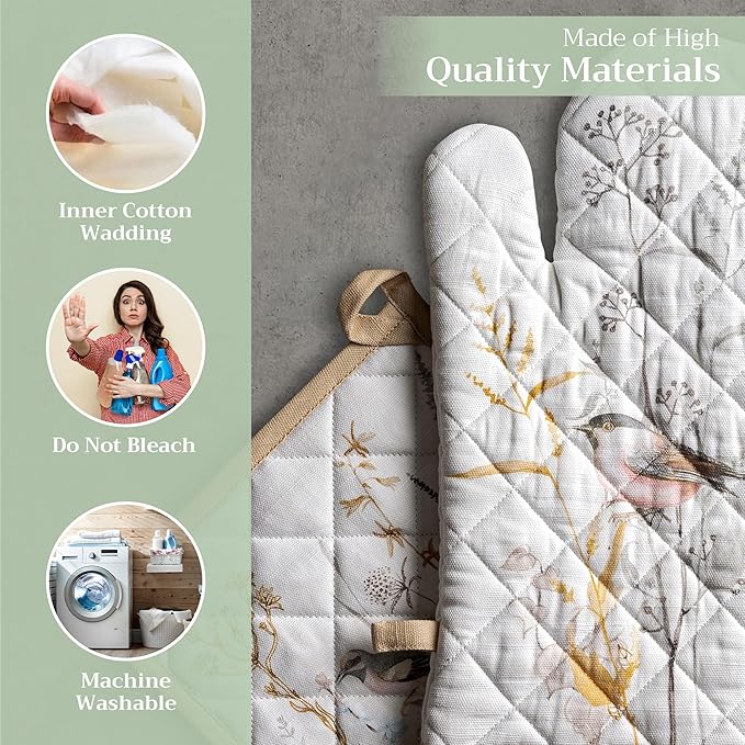 Maison d' Hermine 100% Cotton Oven Mitt & Pot Holder Set (7.5"x13" & 8"x8") Heat Resistant BBQ Cooking Gloves with Loop Baking Kitchen Gifts for Mothers Day Spring/Summer (Meadow Florals - Beige)